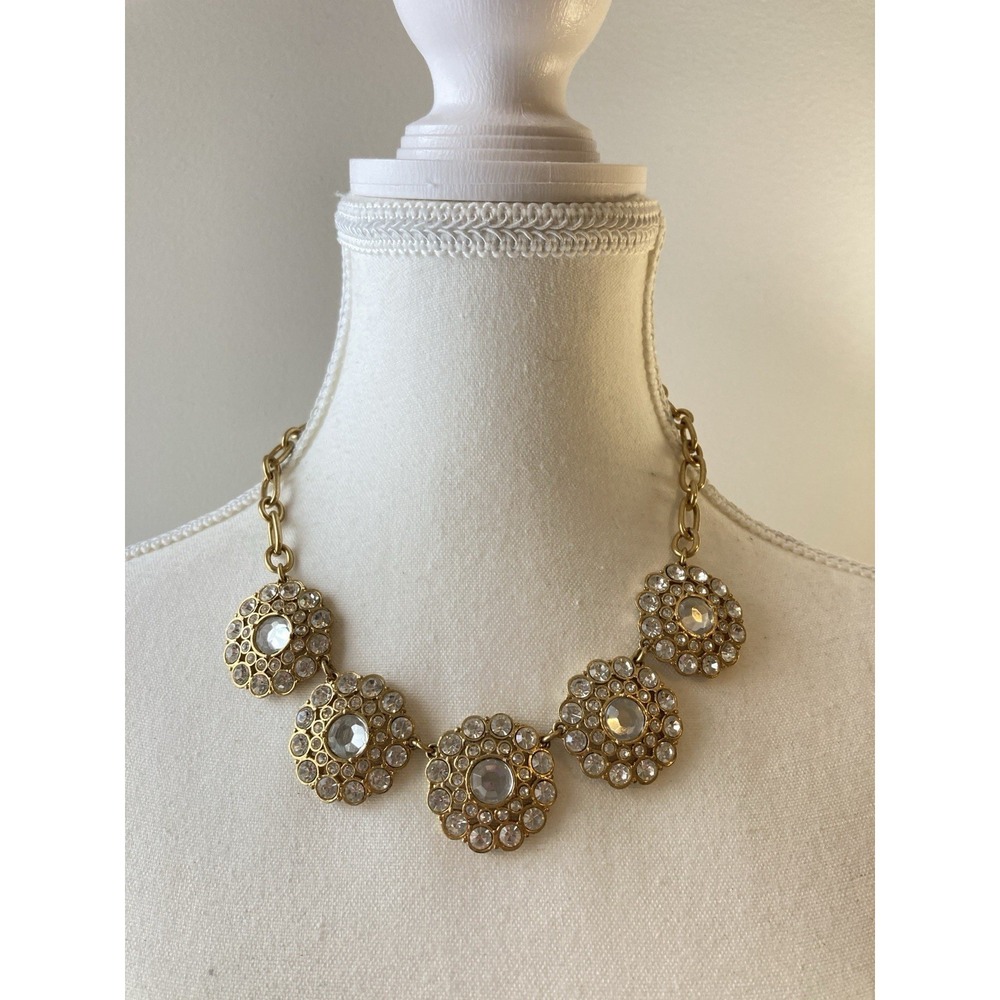J.Crew Necklace Gold Tone Clear Rhinestone Statement Bib Glam Round Crystals